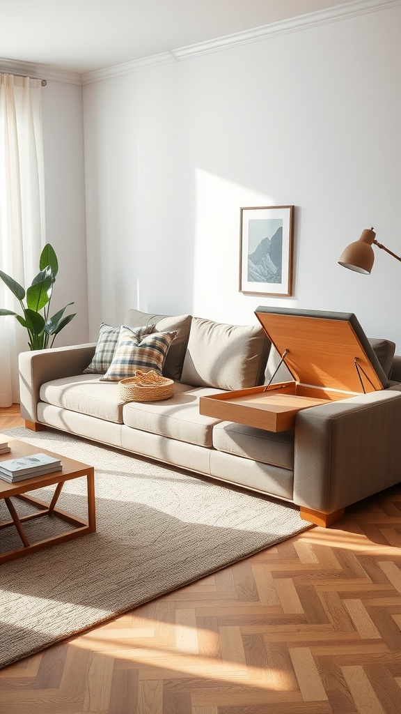 A clean-lined modular sofa with a hidden storage compartment opened, showcasing its innovative design.