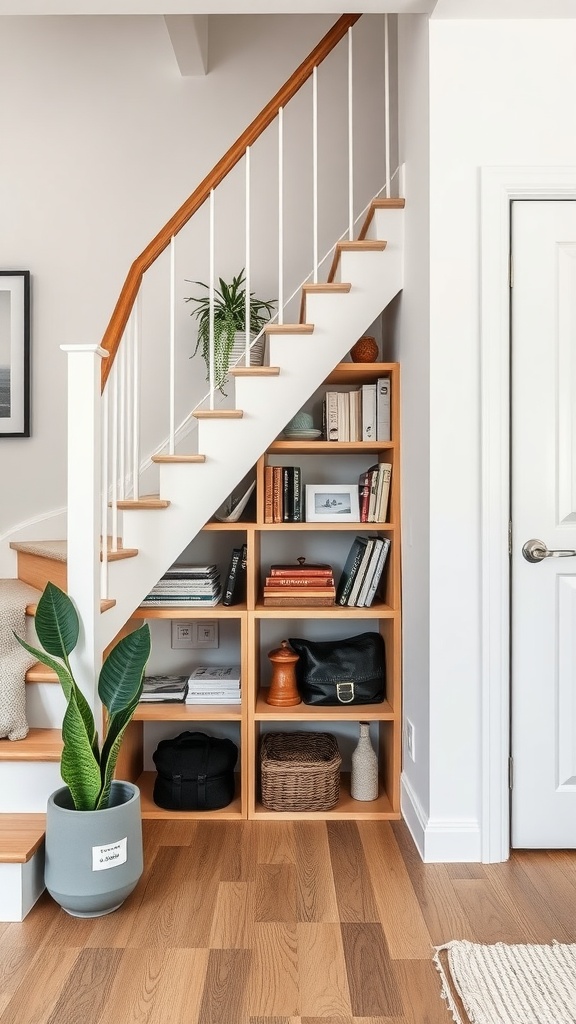Wooden shelves under stairs filled with books and decorative items