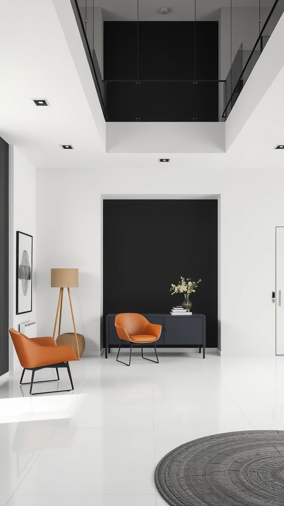 A modern living space featuring a matte black accent wall, orange chairs, a stylish lamp, and neutral furniture.