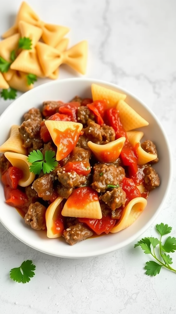 A bowl of Italian beef bowtie pasta with marinara sauce, garnished with cilantro, and uncooked bowtie pasta on the side.