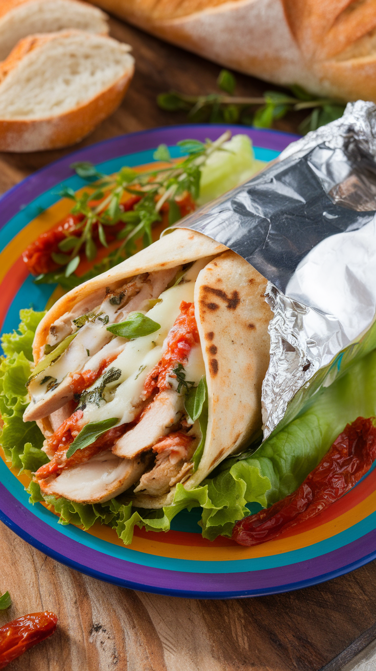 A colorful plate with a chicken wrap filled with lettuce, cheese, and marinara sauce, alongside slices of bread.