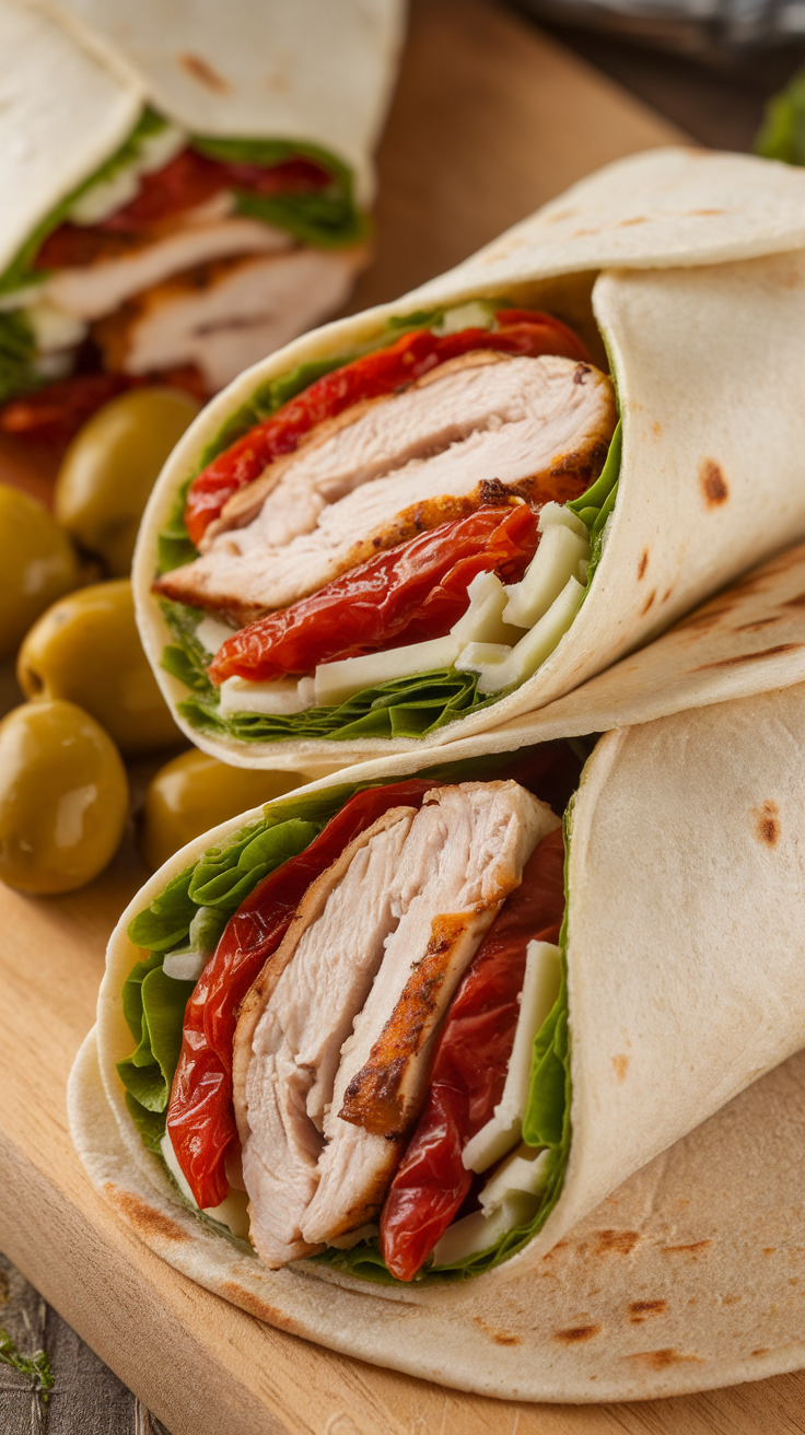 Italian chicken wrap filled with sun-dried tomatoes, greens, and cheese.