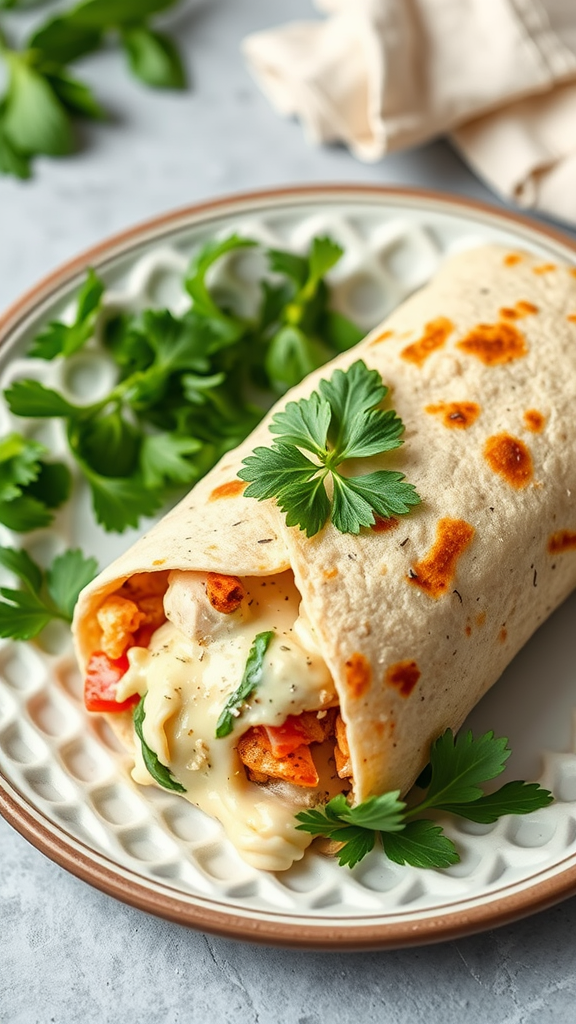 A cheesy chicken wrap filled with vegetables and herbs on a plate