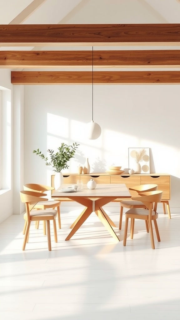A bright room with natural wood furniture and ivory accents.