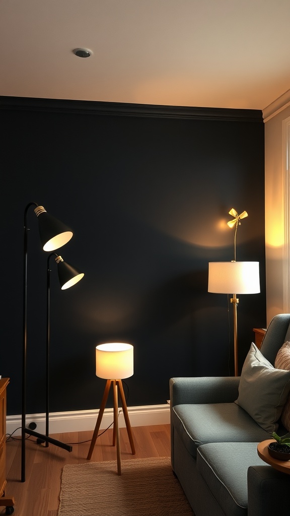 A cozy living space featuring a black accent wall with various light sources, including a floor lamp and a table lamp.