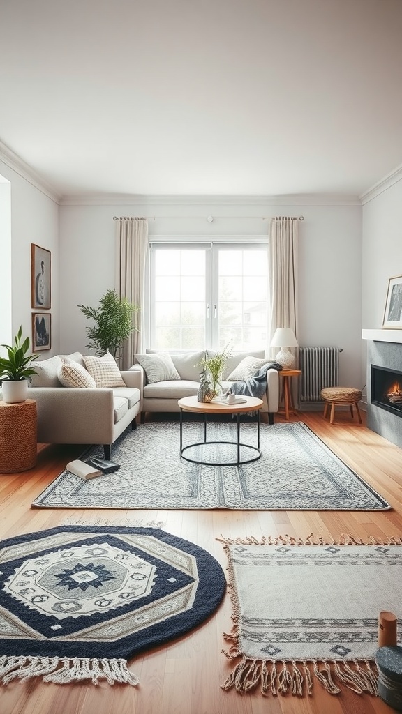 A cozy Scandinavian living room with layered rugs and a warm atmosphere.