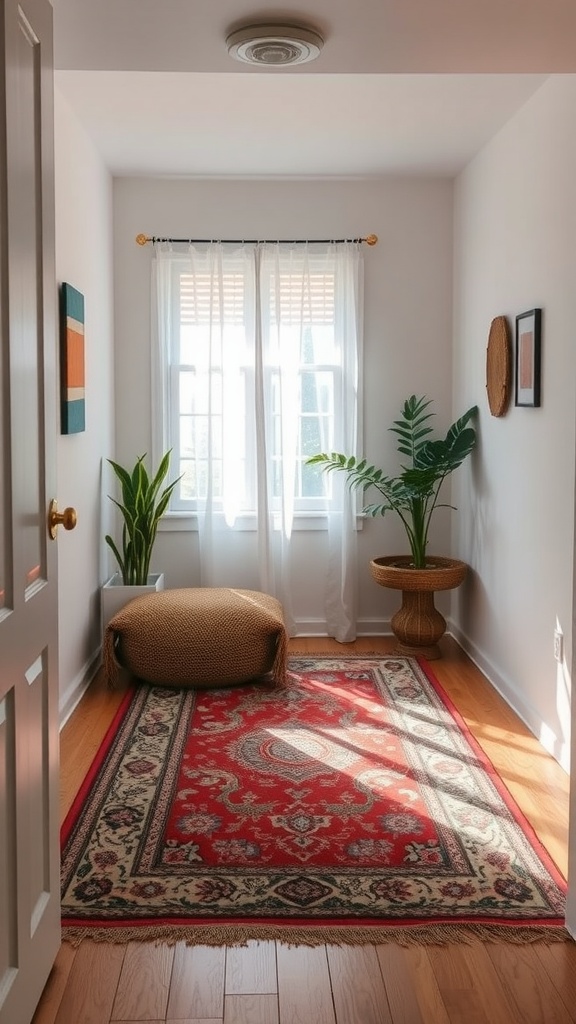 A cozy small space with a layered rug setup.