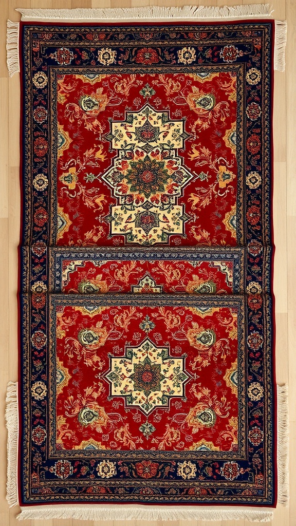 A deep-pile rug layered with a flat woven rug, showcasing rich patterns and colors.