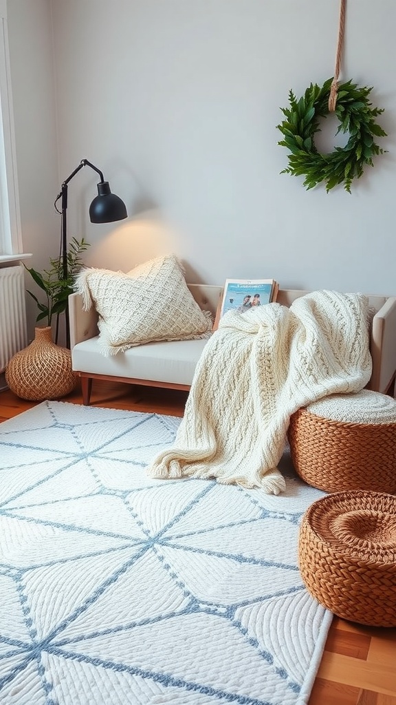 Cozy living room with a white rug featuring black geometric patterns, a knitted throw, and woven baskets.