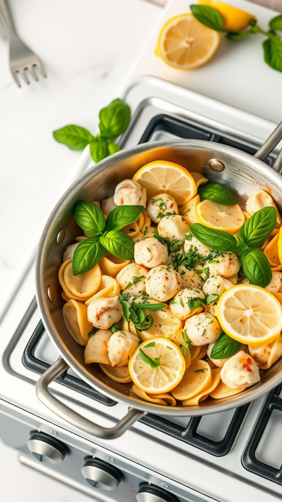 A skillet with chicken tortellini garnished with lemon slices and fresh basil leaves.