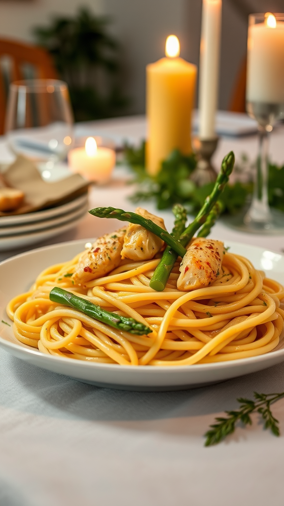 A plate of lemon butter chicken spaghetti topped with asparagus, set on a romantic dining table with candles.