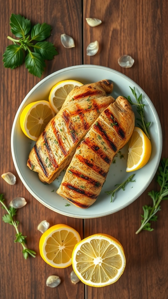 Grilled chicken with lemon slices on a plate