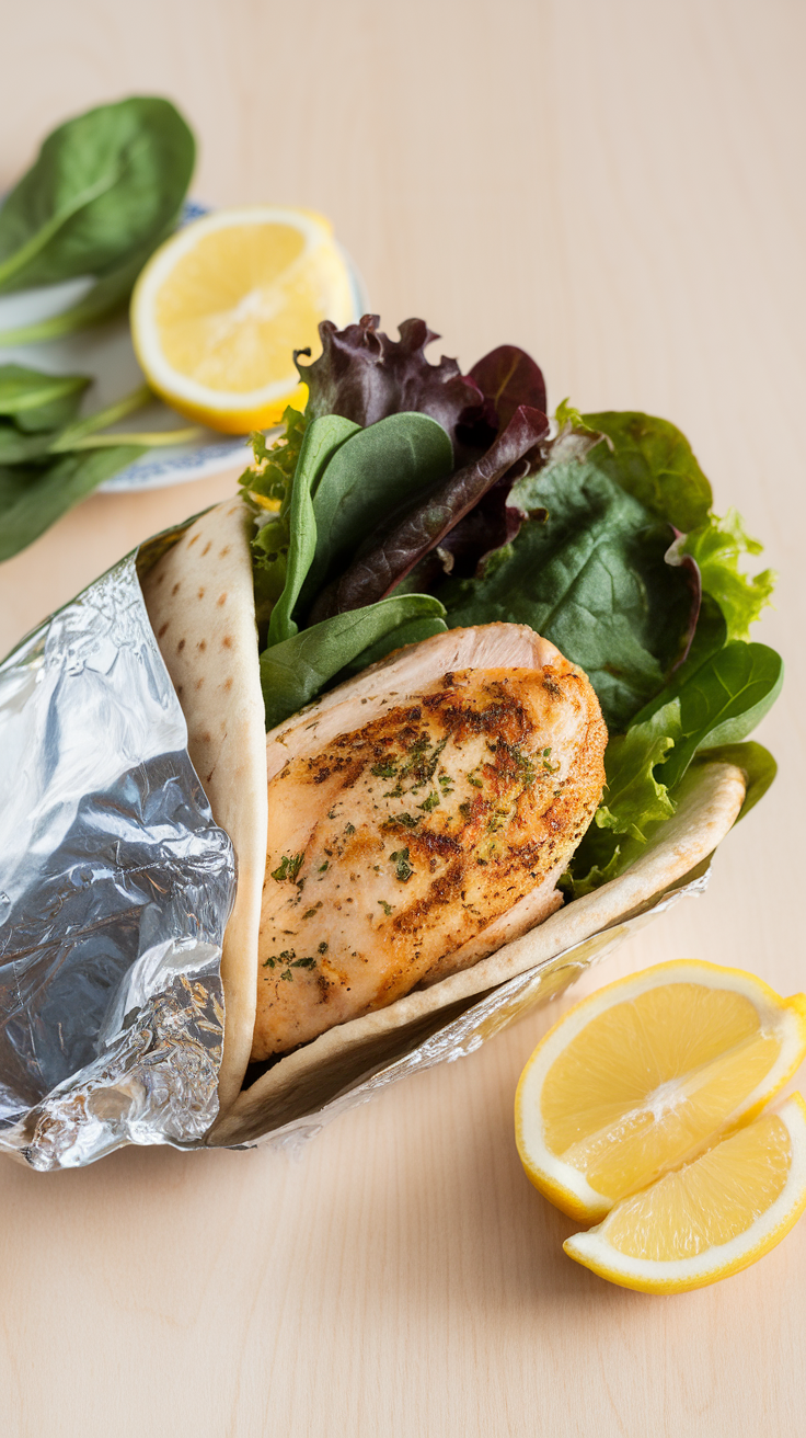 A delicious lemon garlic herb chicken wrap with lettuce and lemon slices.