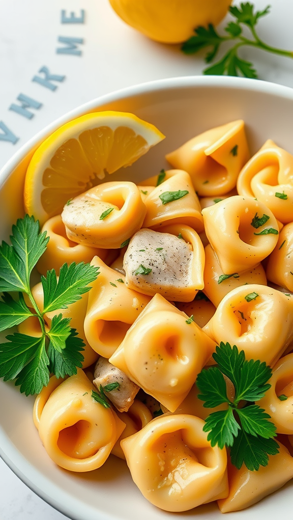 A bowl of lemon garlic marry me chicken tortellini garnished with parsley and a lemon slice.