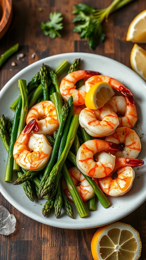 A plate of lemon garlic shrimp with asparagus, garnished with lemon slices.