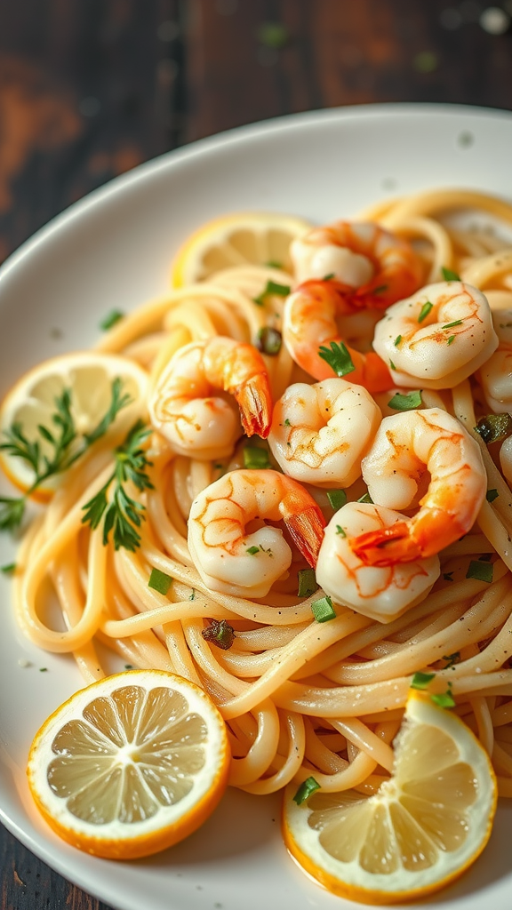 Delicious lemon garlic shrimp and chicken pasta served with lemon slices