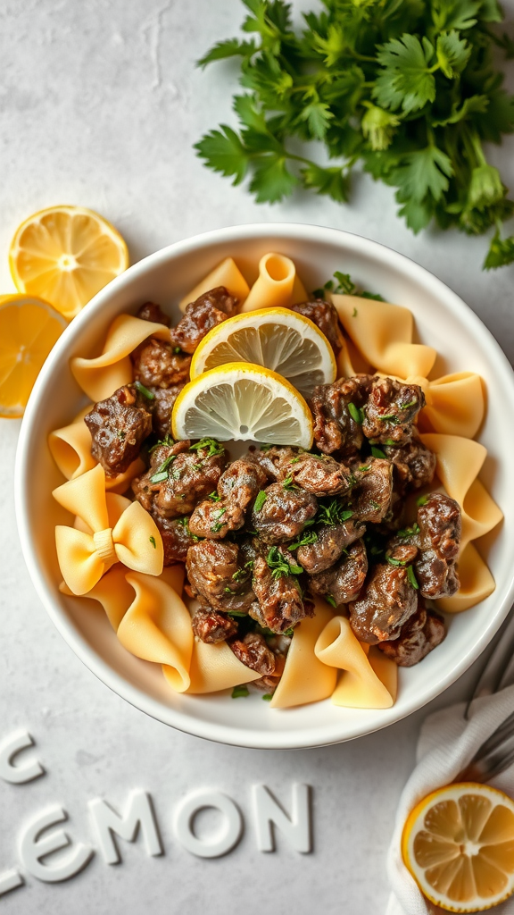 A bowl of beef and bowtie pasta garnished with lemon slices and herbs.