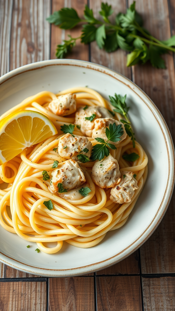 A plate of lemon herb chicken fettuccine with herbs and a slice of lemon.