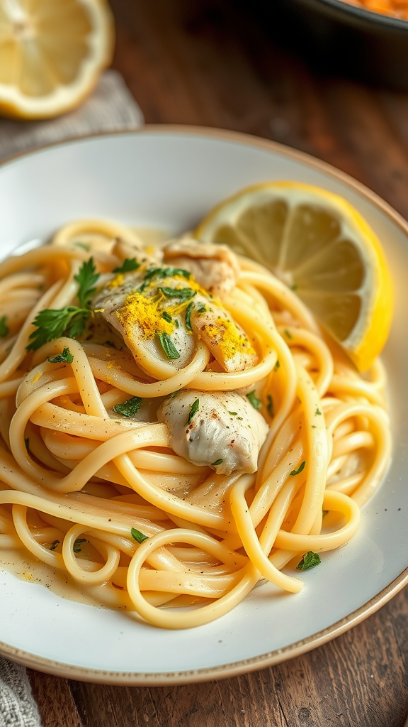 A delicious plate of Lemon Herb Chicken Fettuccine garnished with lemon and parsley.