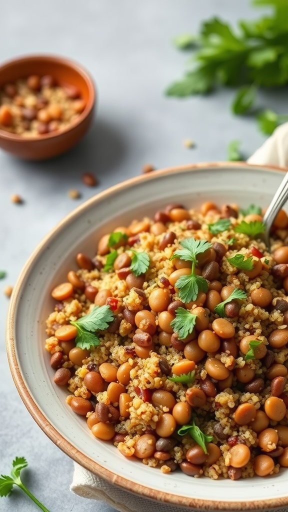 A bowl of lentil and quinoa pilaf garnished with fresh herbs.