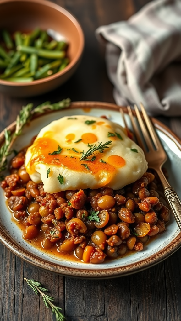 Plate of lentil and vegetable shepherd's pie with mashed potatoes and green beans