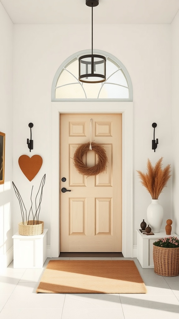 A welcoming entryway featuring light mushroom colors, bright decor, and natural elements.