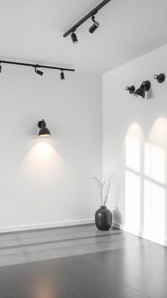 Minimalist room with black lighting fixtures and a simple vase.
