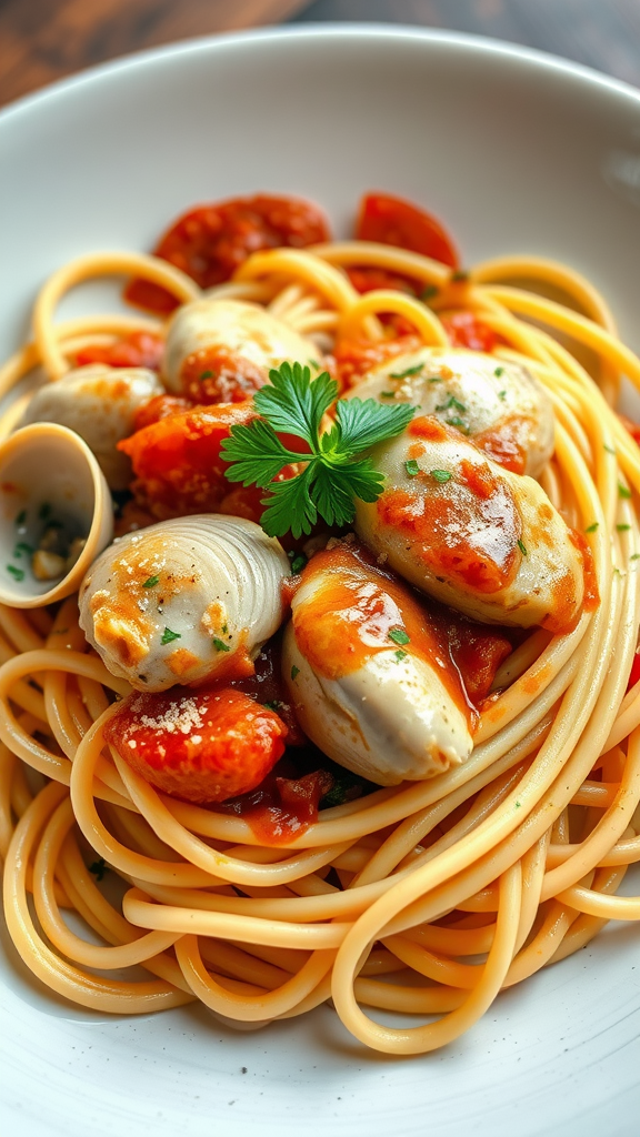 A plate of linguine pasta topped with clam sauce, chicken, and garnished with parsley.