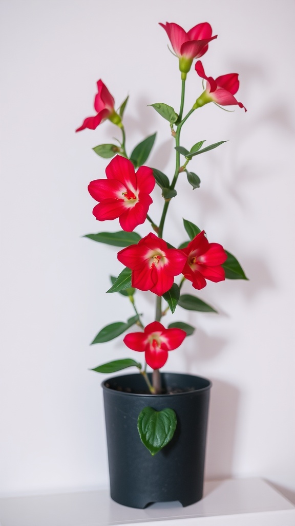A Lipstick Plant with bright red flowers and glossy green leaves in a black pot.