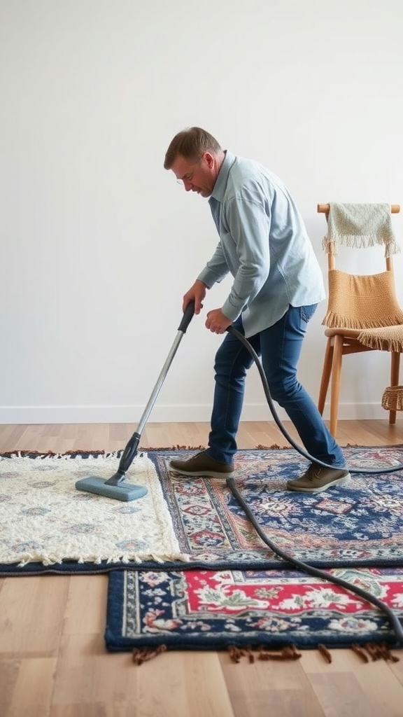 A man vacuuming layered rugs in a modern room.