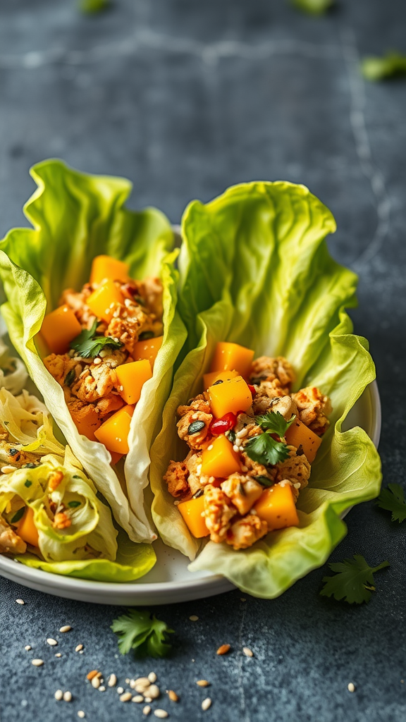 A plate of mango chicken lettuce wraps with diced mango, chicken, and herbs