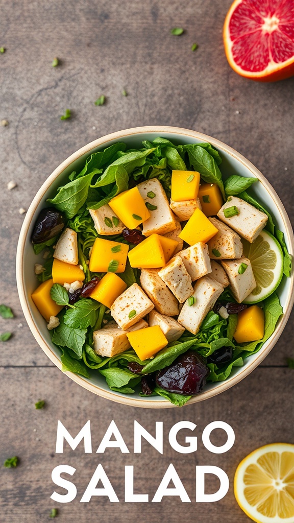 A bowl of mango chicken salad with greens, mango pieces, and chicken cubes.