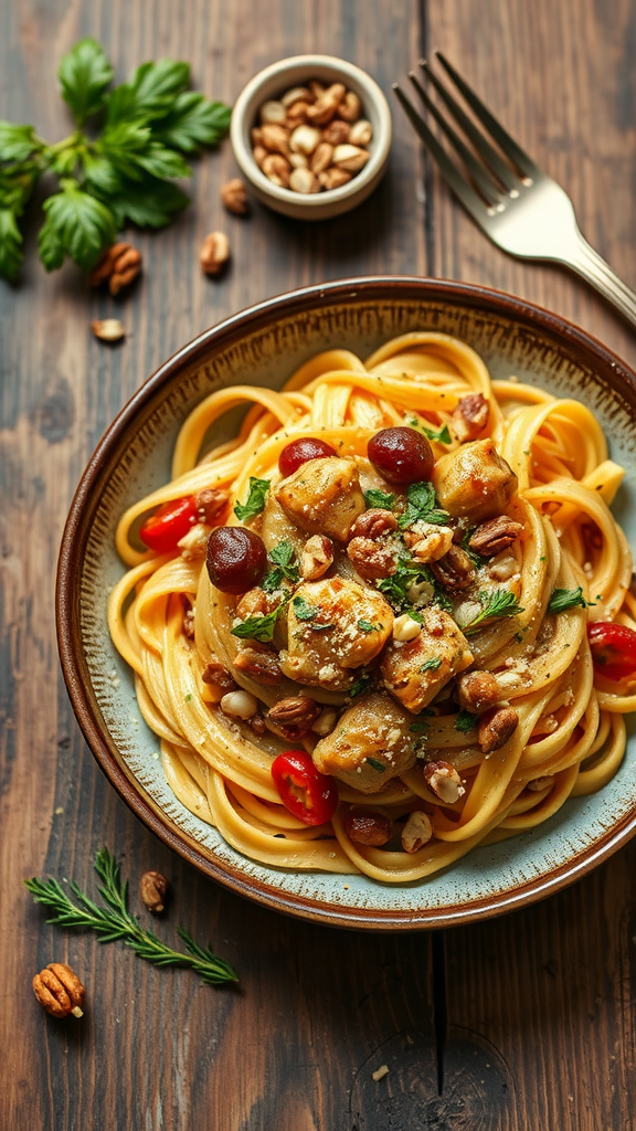 A plate of maple glazed chicken pasta topped with herbs and nuts, served on a wooden table.