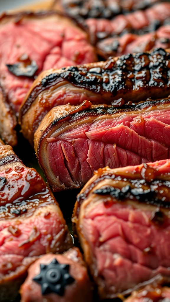 Close-up of perfectly cooked marbleized steak cuts.