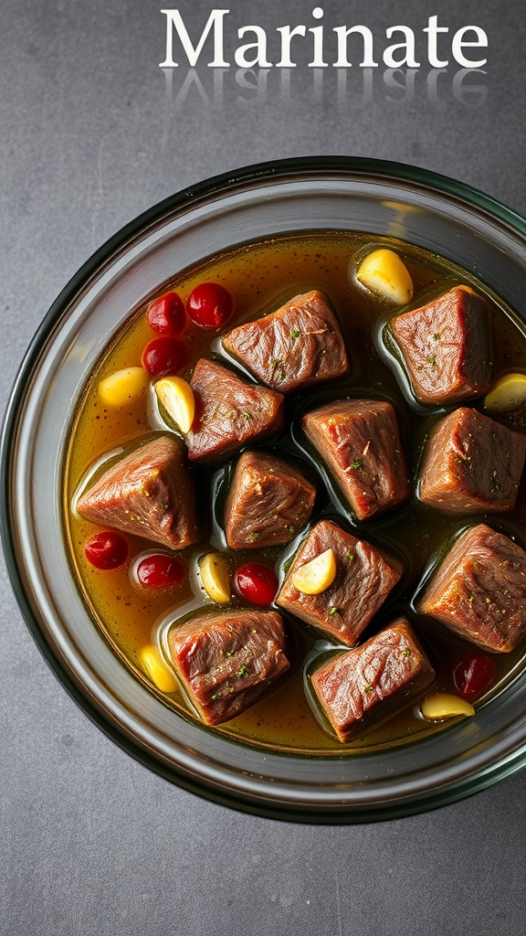 Steak bites marinating in a flavorful mixture with garlic and herbs.