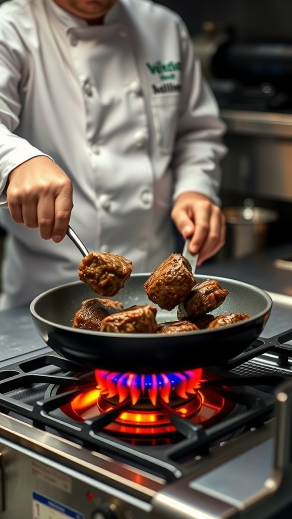 Chef flipping garlic butter steak bites in a pan on a stove.