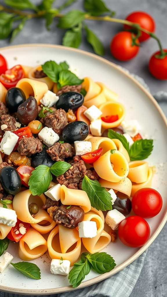 A plate of Mediterranean Beef Bowtie Salad featuring bowtie pasta, beef, olives, tomatoes, and fresh herbs.