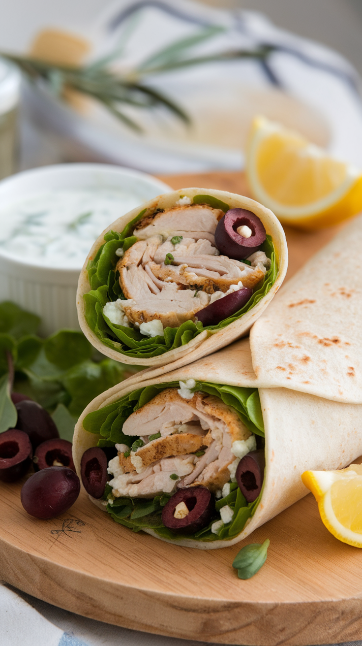A close-up of a Mediterranean chicken and feta wrap with greens and olives, served on a wooden cutting board.