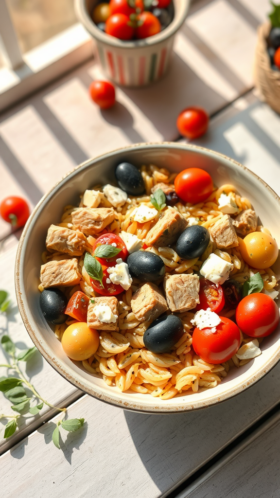 A bowl of Mediterranean chicken orzo with tomatoes, olives, and feta cheese.