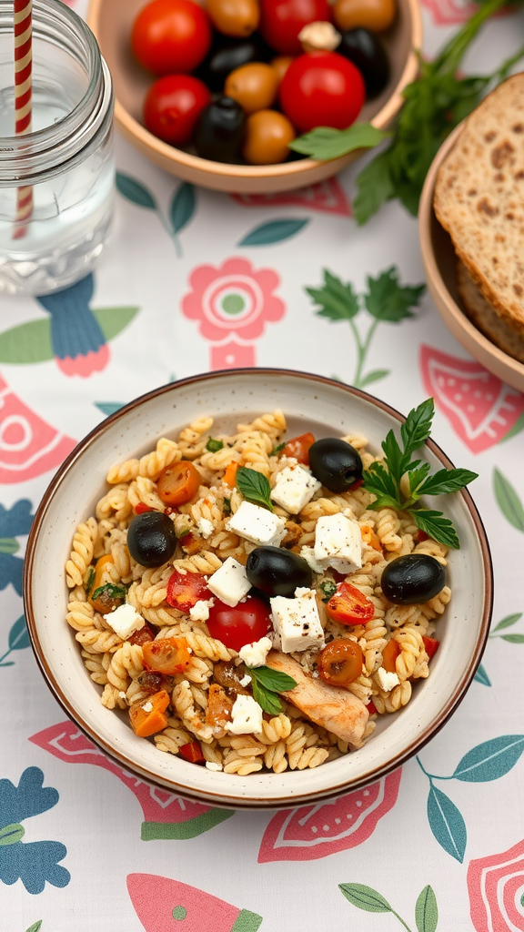 Mediterranean chicken orzo dish with olives, tomatoes, and feta cheese