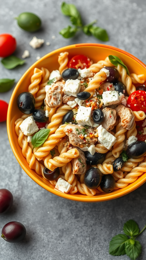 A bowl of Mediterranean chicken pasta salad with olives, tomatoes, and cheese.