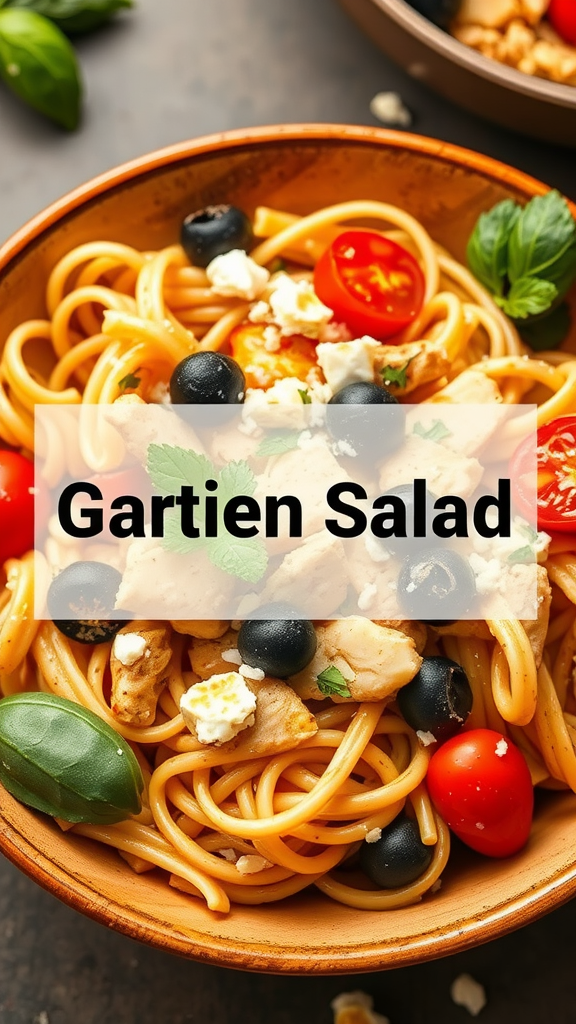Mediterranean Chicken Pasta Salad with colorful ingredients