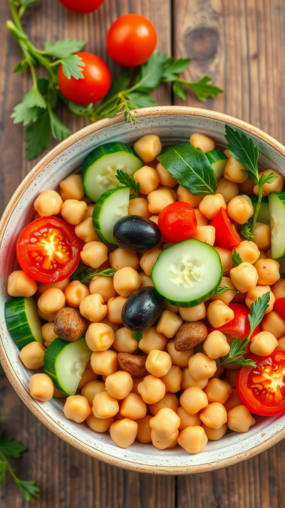 A colorful Mediterranean chickpea salad with cucumbers, cherry tomatoes, and olives.