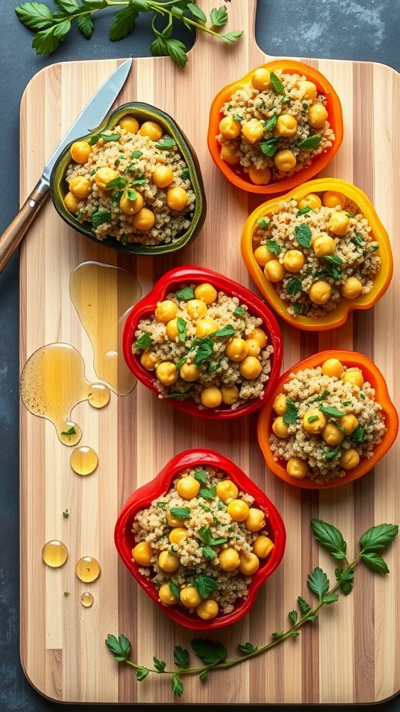 Colorful stuffed peppers filled with quinoa and chickpeas on a wooden board