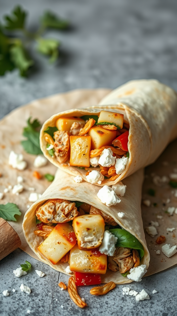Healthy cheesy garlic chicken wraps filled with vegetables and feta cheese on a gray background.