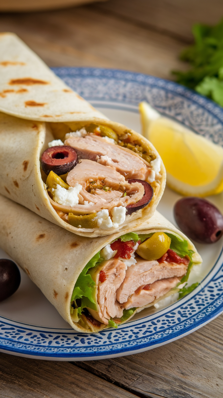 Mediterranean garlic chicken wraps with olives and greens on a plate.