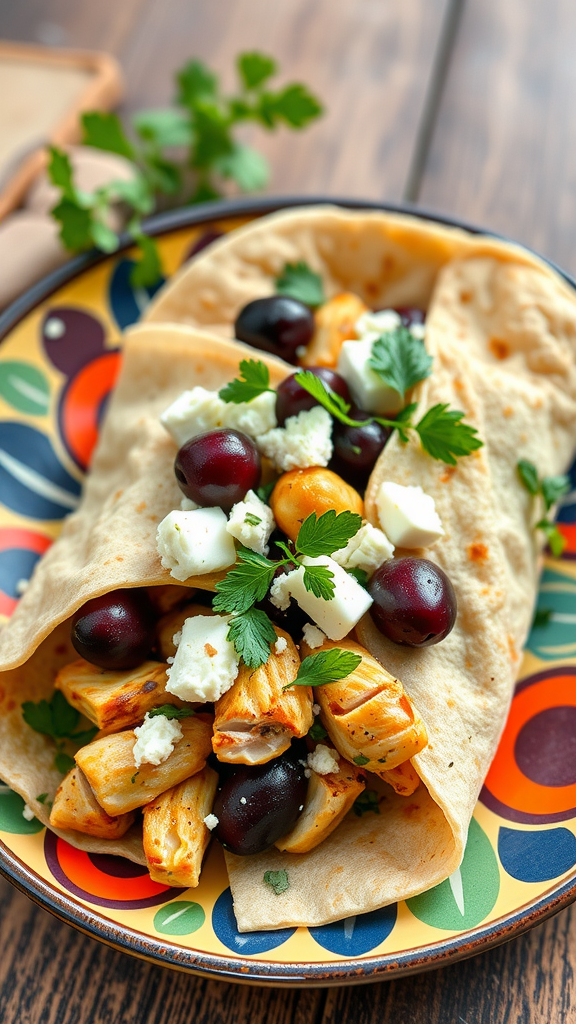 Mediterranean garlic chicken wrap with chicken, olives, and feta cheese in a tortilla
