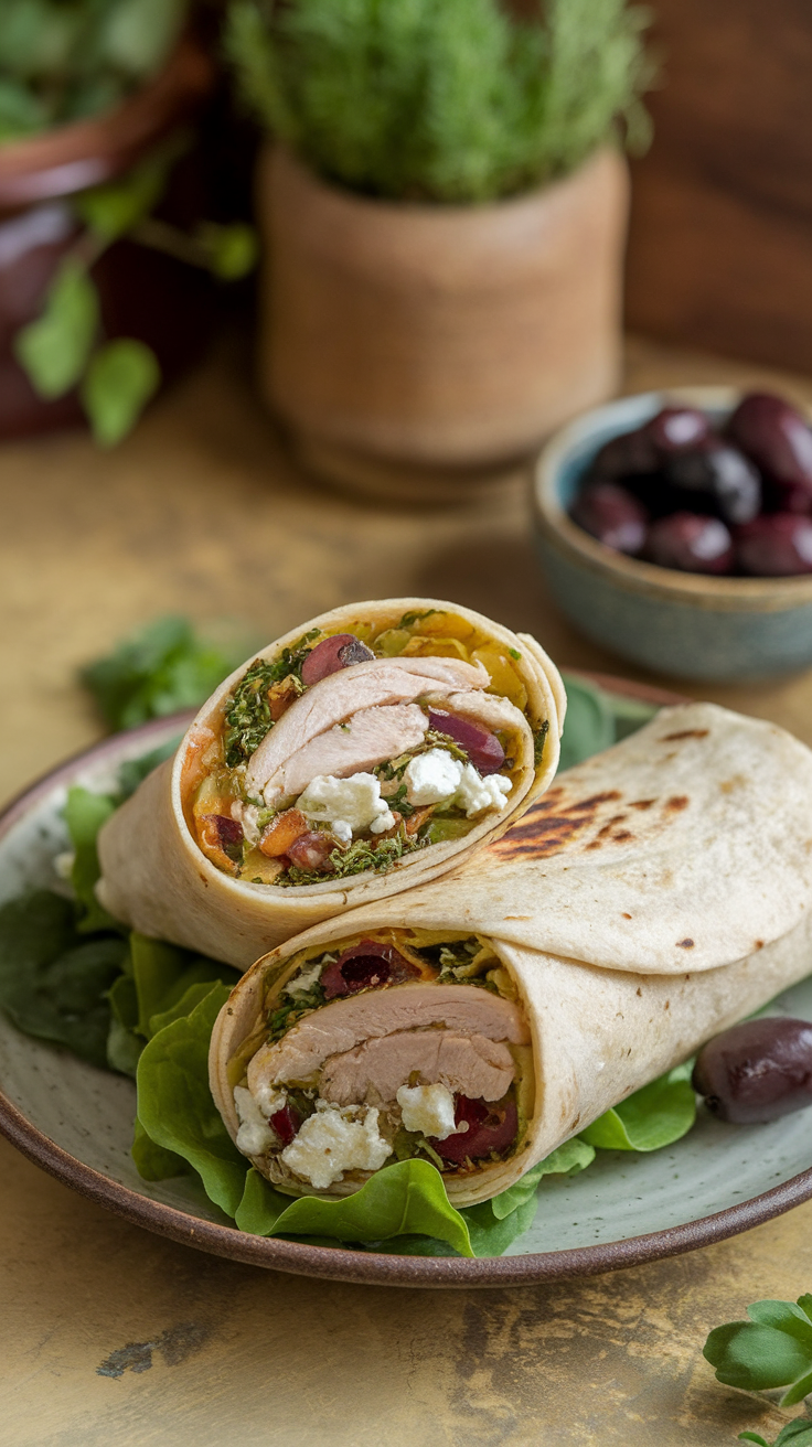 Mediterranean Herb and Feta Chicken Wrap on a plate with olives and greens