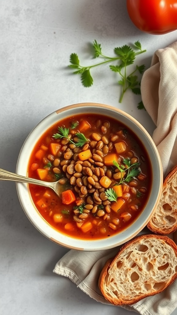 A bowl of Mediterranean lentil soup with vegetables and fresh herbs, accompanied by two slices of bread.
