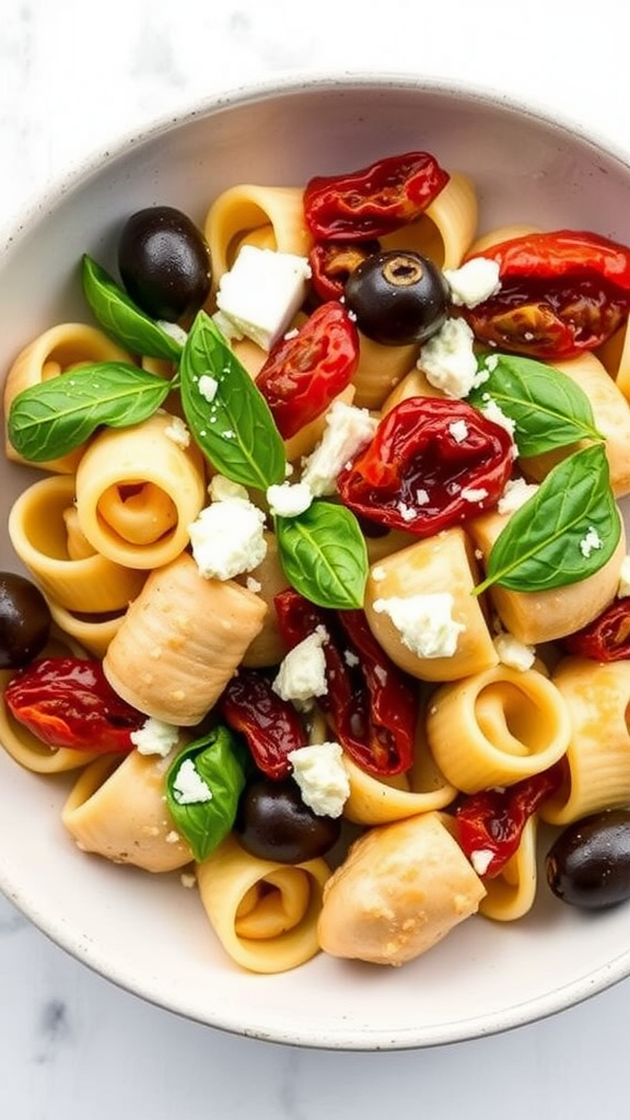 A bowl of Mediterranean chicken tortellini with olives and cherry tomatoes.